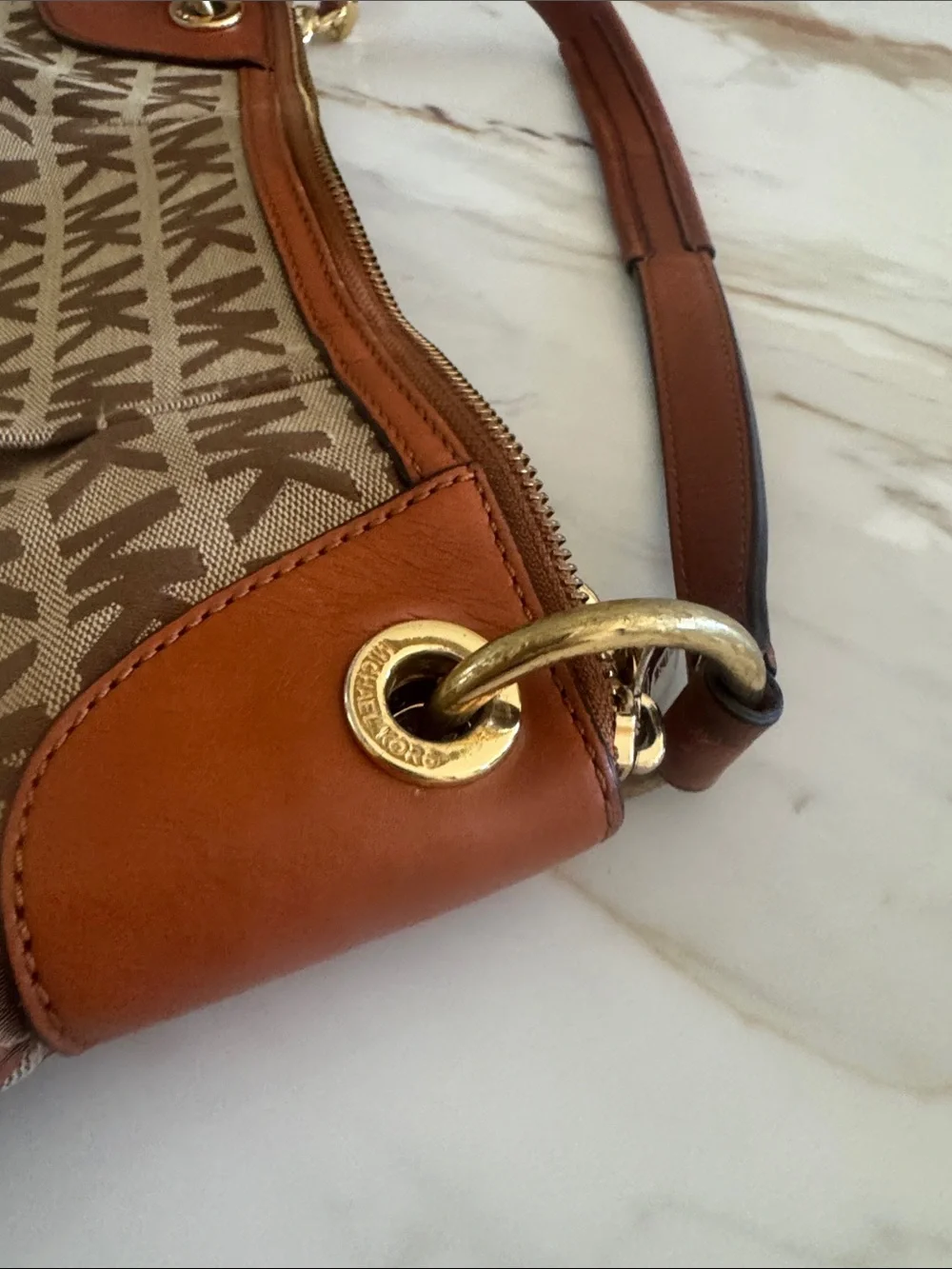 Michael Kors Beige and Brown MK Monogram Crossbody Bag